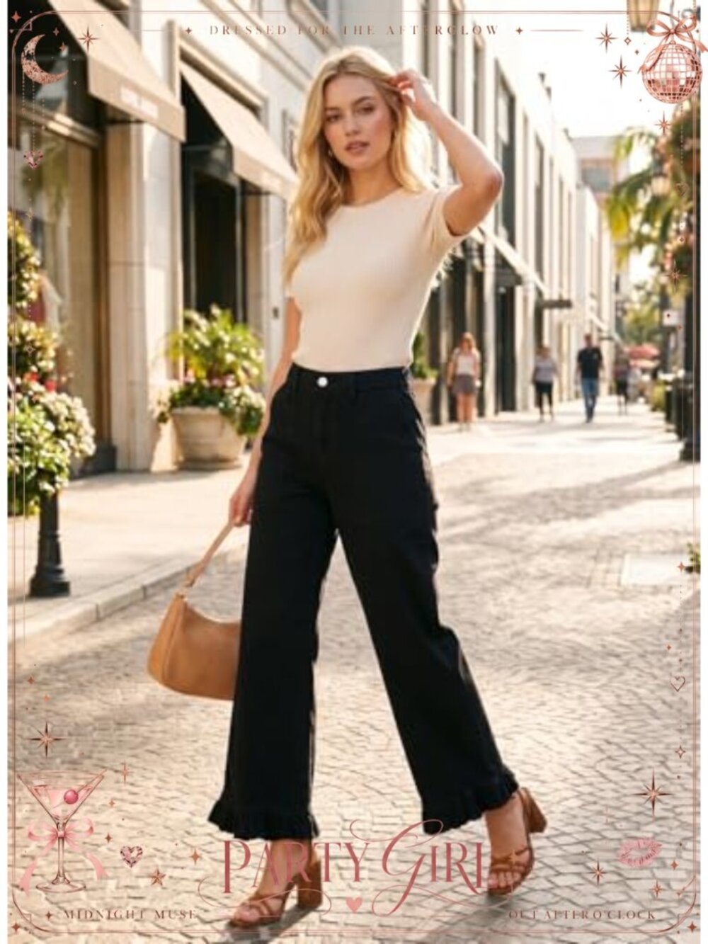Wide Leg High Rise Jeans Ruffle Hem Stretch Denim Pants - Picture 5 of 6